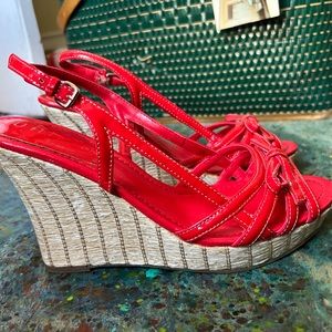 Unisa red patent leather strappy basket weave wedge heel sandal